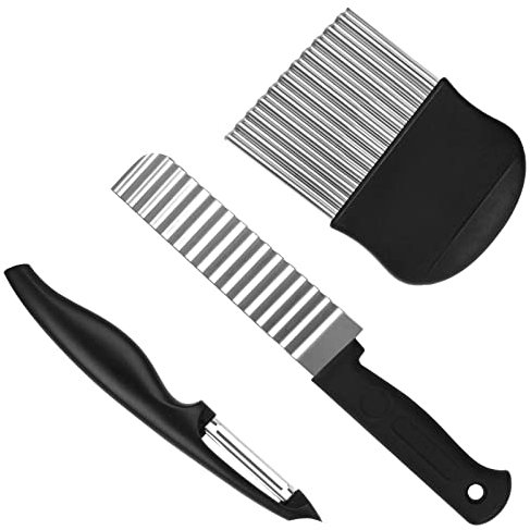 Wellenschneider,2 Stück Riffelmesser mit Sparschäler,Edelstahl Wellenmesser,Pommes Wellenschnittmesser für Kartoffeln,Gemüse,Obst,Salat Kartoffelschneider