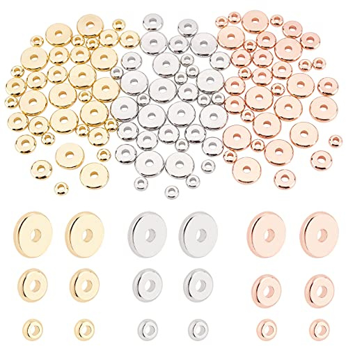 BENECREAT 108 Stück 9 Stile Messingscheiben-Abstandsperlen, Gold, Silber, Roségold, Flache Schmuckmetall-Abstandshalter Für Armbänder, Halsketten, Schmuck, Basteln, Loch: 1,5mm ~ 2mm