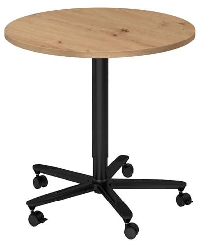 bümö Säulenhubtisch höhenverstellbar, Stehtisch Büro, Bistrotisch rund 80 x 80 cm - Besprechungstisch Asteiche, Stehtisch Holz-Platte, Säule aus Metall in schwarz, Säulentisch, Hochtisch