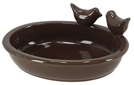 Desert Dream Vogeltränke Braun - Glasiertes Terracotta-Vogelbad mit 2 Zier-Vögeln am Rand, Handarbeit, 31 x 23,5 x 6,5 cm - Wasserstelle & Futterschale für den Garten (auch in Hellgrau erhältlich)