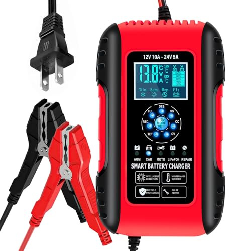 Chargeur de Batterie Lifepo4 de 10 A au Plomb pour Voiture, Chargeur de Batterie amélioré 12/24 V, mainteneur de Batterie Tout-en-Un, pour Camion, remorque, Moto, AGM, Tondeuse à Gazon, Bateau,