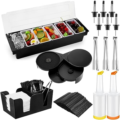Mifoci Bartending Supplies 6 Compartments Garnish Tray with Lid Bar Caddy 3 Tier Glass Rimmer Stainless Steel Bottle Pourers Juice Pouring Cocktail Tools Plastic Serving Accessories