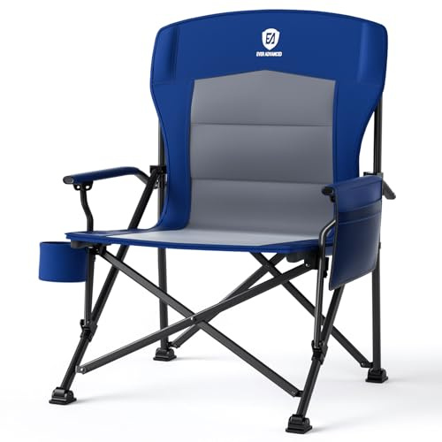 EVER ADVANCED Oversized Folding Camping Chair, for Adults Heavy Duty Lawn Chair with Side Pockets, Portable Collapsible Quad Chair for Outside, Support Up to 500lbs, Blue