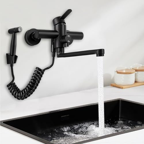 Wasserhahn Wandmontage, Spültischarmatur Wand 360° Drehbare Einhebelmischer,Kalt und Heiß Wasserhahn Küche Wandmontage Küchenarmatur mit Spritzpistole