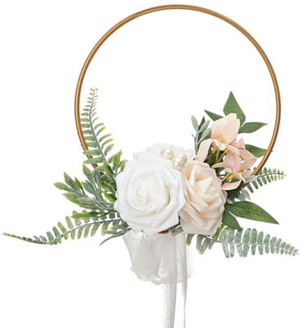 Huamengyuan Hochzeit Blumenstrauß Kranz Blumenkranz Deko Hängende Boho Türkranz Blumenkranz Metallring mit Trockenblumen DIY Natur Trockenblumenkranz Ring für Parteien Valentinstag Dekoration