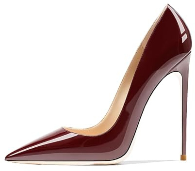 Qunvngutui Women's Pointed Toe Shallow Stiletto Heels 4.7 Inch Pumps Wedding Party Banquet Shoes Wine Red Patent Leather US5