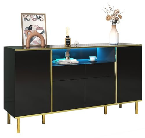 I0I&I0I Sideboard,Hochglänzendes Schwarzes Schubladen kommode mit 2 Schubladen Kommode Schlafzimmer Schubladenschrank, Hochglänzendes Schwarzes Sideboard (B150/T40 /H80cm)