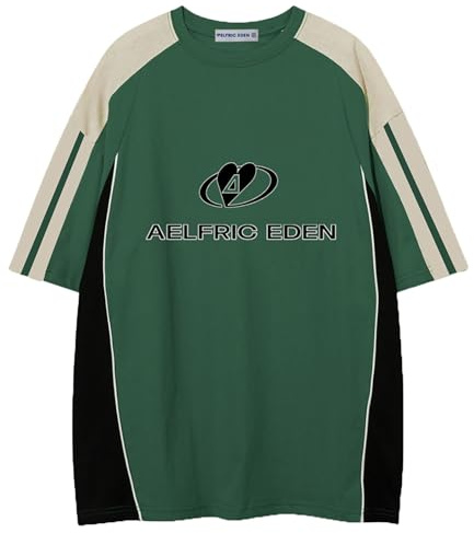 Aelfric Eden Herren Tshirt Oversized Damen Sommer Shirt Unisex Vintage Fußball Trikot Rundhals Kurzarm Raglan Jersey Basic T-Shirts mit Stripes Casual Oberteile Streetwear Grün, M