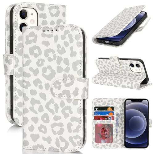 Zouzt Hülle für iPhone 12/12 Pro 6,1-Zoll, Stoßfestes PU Leder Handyhülle Lederhülle Klapphülle mit Kartenhalter und Standfunktion Flip Leather Wallet Phone Cover (Weiß Leopard)