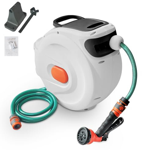 Schlauchtrommel Gartenschlauch Trommel 30m, Schlauchbox Wandmontage 180° Schwenkbar Wandschlauchbox RollUp, Gartenschlauch Aufroller with 8-functions Sprühdüse