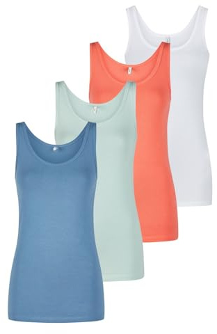 ONLY Tank Top Damen Baumwolle Stretch Slim Fit Onllive LUV 4er Pack Set | Basic Shirt Rundhals Trägershirt Ärmellos Oberteile Einfarbig Schwarz Weiß Beige Rot Grün Blau Navy S M L XL XXL