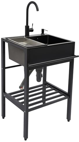 Freistehende Spüle,Edelstahlspüle Schwarz,Einzelbecken-Spüle, Tragbare Küchenspüle mit Wasserhahn,Siebkorb,Seifenspender,Mobiles Waschbecken für Outdoor, Gastro, Garten, Camping,55x45x86cm