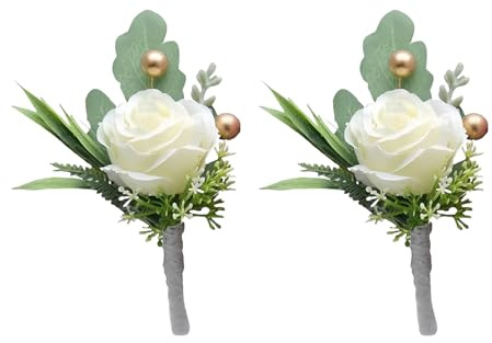 Rzcin 2Pcs Roses Boutonniere for Men Wedding, Groom Groomsman Artificial White Rose Flowers with pins for Wedding Anniversary Celebration,Prom,Party,Home Decoration Artificial Flowers