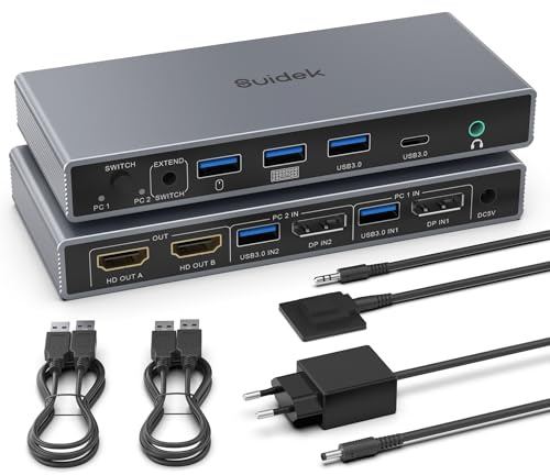 SUIDEK Commutateur KVM DisplayPort Double Écran pour 2 PC-Convertisseur DP Entrée/HDMI Sortie 4K@60Hz-4 Ports USB partagés entre 2 ordinateurs DP avec écrans HDMI doubles- Inclus adaptateur secteur 5V