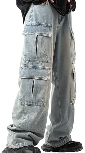 Zanisouta - Pantaloni da uomo in denim, stile baggy, vestibilità ampia, per streetwear, cargo, con elastico, pantaloni da jogging dritti, a gamba larga, pantaloni da tempo libero con cintura e tasche