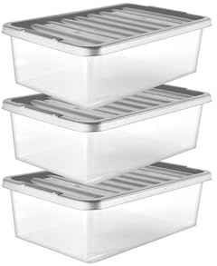 32L Underbed Clear Plastic Storage Boxes with Silver Lids – Pack of 3 Stackable Containers for Clothes, Toys & Paperwork – Durable, Transparent Storage Solution for Bedroom, Garage & Office