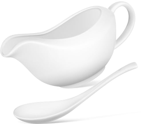BESPORTBLE Saucière en Céramique avec Louche 200 Ml, Blanche, Bec Verseur Anti-goutte, pour Sauce et Condiments, Ustensile de Table Pratique, Usage la Cuisine et Repas, Service Individuel