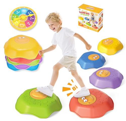 Stapelsteine Rutschfeste Kinder mit Krabbenmotiv und Zahlen-Drehscheibe – Sensorische Balanciersteine mit Soundeffekt für Indoor & Outdoor – Mit Hüpfpolster und Anti-Rutsch-Bodenstreifen