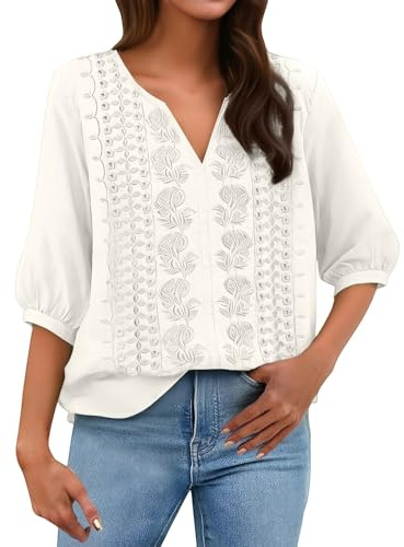 Camisa de lino para mujer, bordada, estilo retro, jacquard, de manga corta, estilo bohemio, casual, holgada, con dobladillo fluido, para verano, playa, vacaciones, oficina