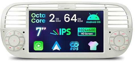 XTRONS Reproductor de radio estéreo Android Fiat 500 de 7 pulgadas, Octa Core 2+64 GB 1 Din unidad principal para Fiat 500 (2007-2015), color crema con EQ DSP de doble banda WiFi, sistema de