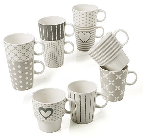 Brandani 54357 Tandem New Bone Chine Set 2 Tazze, Grigio, Decori Alternati