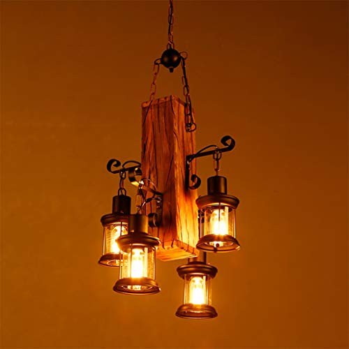 Retro Pendelleuchte E27 Industrielle Loft Bar Hängeleuchte 4 Lichter persönlichkeit HolzMetall Pendellampe Höhenverstellbar Vintage Hängelampe für Wohnzimmer Restaurant Café Kronleuchter Dekoration