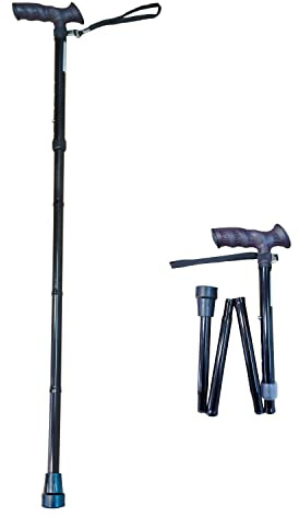 Cymam - Bastón Plegable y Ajustable en Altura para Mayores de Aluminio – Empuñadura Anatómica y Ambidiestra con Cinta de Sujeción – Negro