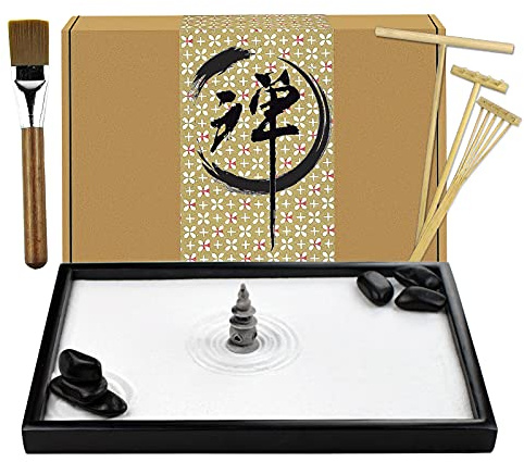 Artcome Japanese Zen Sand Garden for Desk with Rake, Stand, Rocks and Mini Furnishing Articles - Office Table Accessories, Mini Zen Sand Garden Kit - Meditation Gifts