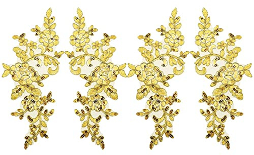 OTOTEC 2 Paar Stickerei Pailletten Spitze Applikationen Spiegel Paar Aufnäher Blume Stoffkragen Patch für Motiv Hochzeitskleid Kleid Brautkleid DIY Handwerk Gold