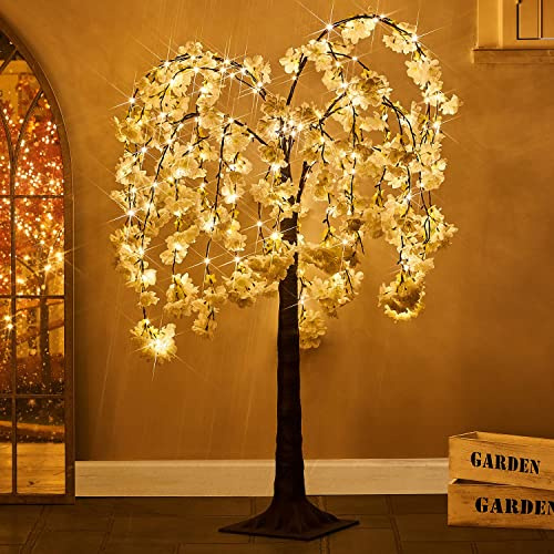 Fudios White Cherry Blossom Tree with Lights 4FT 180 LED Fairy Lights, Lighted Artificial Flower Tree for Spring Summer Wedding Decor Indoor Outdoor