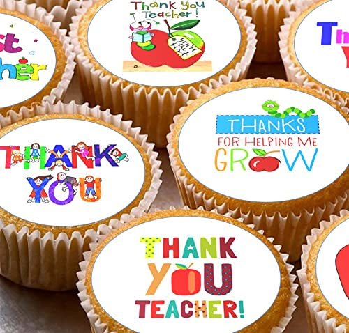 24 Teacher Thank you D2 pre-cut edible kids childrens party decorations cupcake wafer toppers