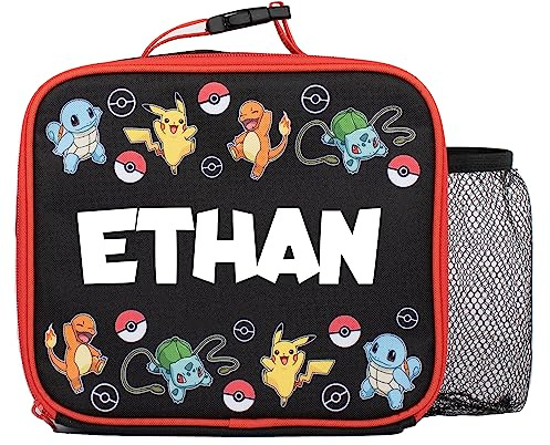 PoKéMoN Personalisierte Kinder Lunchtasche - Kinder Schule Lunchtasche für Jungen & Mädchen - Pikachu Isolierte Lunchtasche für Kinder - Pokemon Lunchbox Schwarz/Rot