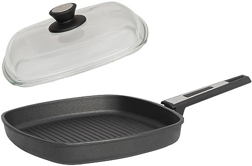 SKK große 2-tlg. Guss Grillpfanne 28x28 cm - Induktion - viereckige Aluguss Antihaft Steakpfanne mit gerippten Boden & Glasdeckel - Made in Germany