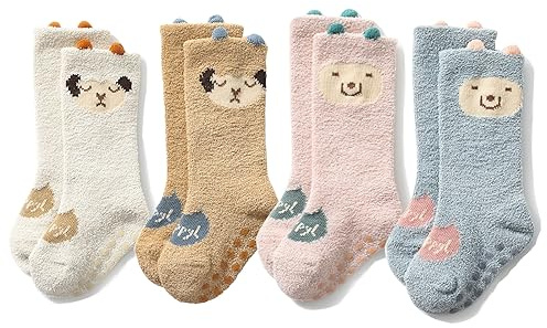 Jupsk Baby Winter Fuzzy Socks with Grips, 4 Pairs Non Slip Warm Coral Fleece Long Slipper Socks Knee-High Stockings for Infants Girls and Boys 6-12 Months Animals