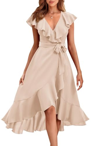PRETTYGARDEN Short Sleeve Cross V Neck Ruffle Summer Dress for Women Wedding Guest Dresses for Women 2026 Satin Midi Dresses (Apricot,XX-Large)