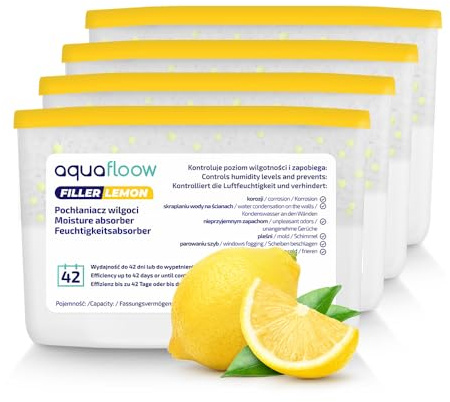 Aquafloow Déshumidificateur 400 ml, Réduit l'humidité de l'air, 4 Pièces LEMON | Neutraliseur d'odeurs, Absorbeur d'humidité pour Cuisine, Placard, Salle de Bain et Bureau