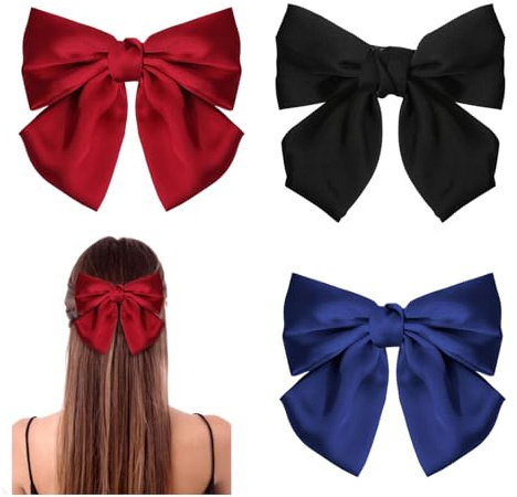 GWAWG 3PCS Bow Hair Clip，Hair Bows Barrettes Solid Color,Soft Satin Silky Hair Bows for Women Girls(Black, Red, and Blue)