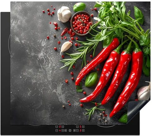 KitchenYeah© Protege Plaque Tapis Pour Induction 57x51 cm Deco Cuisine Protection Vitrocéramique Accessoire Pour Cuisiniere Piment - Béton - Ail - Cuisine