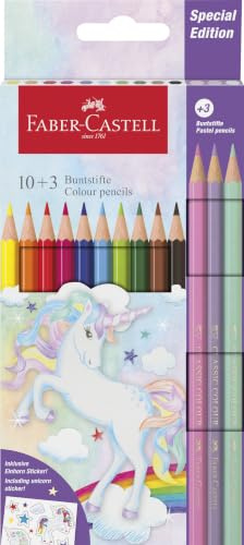FABER-CASTELL - Buntstifte Set Einhorn 13-teilig mit Pastellstiften | Leuchtende Farbstifte für Kinder inkl. Pastellfarben und Einhorn Stickern