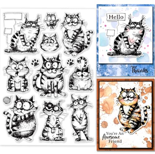 GLOBLELAND 5.83x8.27 Zoll Comic Katzen Transparente Silikonstempel Cartoon Katzen Klare Stamps Tiere Silikonstempel Für Kartengestaltung DIY Prägung Journaling