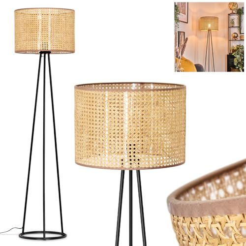 Stehleuchte Barcos, Stehlampe aus Metall/Rattan in Schwarz/Natur, Leuchte im modernen Design mit rundem Schirm (Ø 40 cm) u. Fußschalter, Höhe 152 cm, 1 x E27, ohne Leuchtmittel