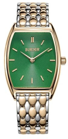 BURKER Damenuhr Grace, Oval Damen Armbanduhr Gliederarmband Edelstahl Analog Quarz 3-ATM Wasserdicht - 25 mm - Gold Grün Silber