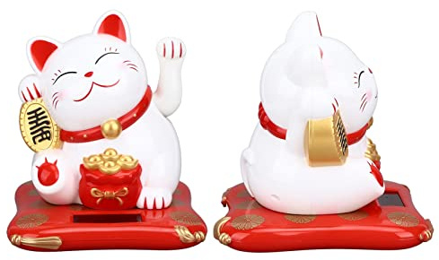 Cyrank Winkende Glückskatze mit Arm, solarbetriebene Winkekatze, Reichtum, einladende Katze, Glückskatzenstatue, Winkarm, Winkende Glückskatze, Winkekatze, Dekoration (White)