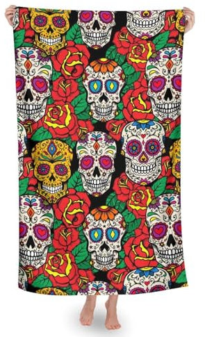 Strandtücher, Mexikanischer Tag - Totenrosen-Zuckerschädel Strandtuch Saugfähig Duschtuch Mikrofaser Strandhandtuch Für Camping Männer Damen 80X130Cm