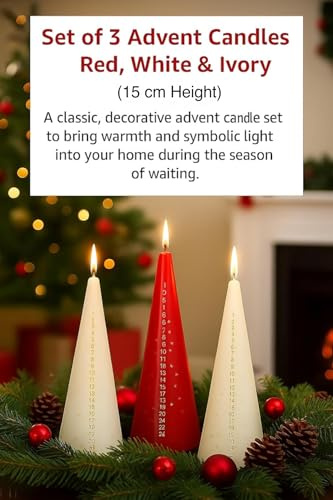 (Set of 3) Red White and Ivory Advent Candle 5.5 x 15CM Traditional Christmas Countdown Candle Pyramid Candles Numbered Advent Dinner Candle Long-Burning for Festive Home Decor Christmas Gifts