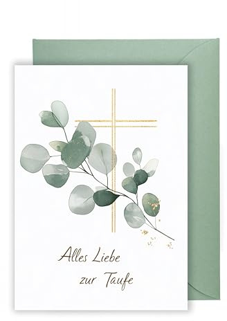 WBdesignz elegante Taufkarte mit Eukalyptus Umschlag - Glückwunschkarte zur Heiligen Taufe - Alles Liebe zur Taufe - Christliches Kreuz - Geschenk Karte für Täufling Eltern Paten (DIN A6)