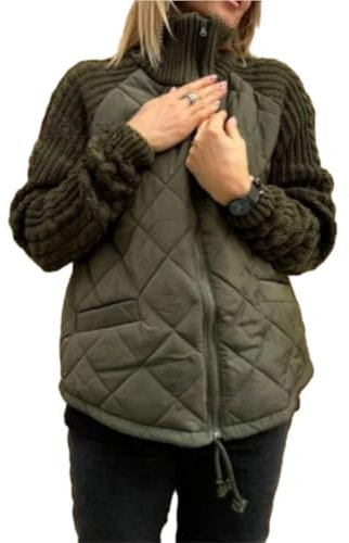Frauen Sagten, Gestrickte Patchwork-Bausch-Jacke, Warme Modische Wintermäntel Mit Leichtem Stehkragen Und Reißverschluss Pro Strickjacke (Army Green,M)