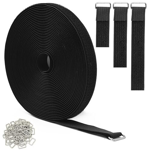 KINGLAKE 10m x 2.5cm Reusable Cable Straps with 50 Metal Buckles, Free Cut Length, Hook and Loop Cable Ties, Black Adjustable Fastening Straps for Cable Tidy, Wire Management, Cord Organiser