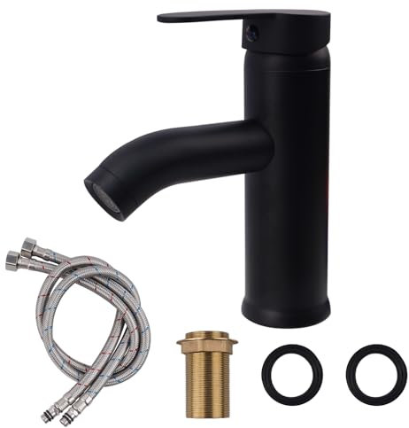 FALSKT Grifo Cocina Acero Inoxidable 304, Grifo Baño con Manguera, Grif de Baño Lavabo Núcleo de Válvula de Cerámica, Mezclador Monomando Lavabo para WC de Visitas (Negro)