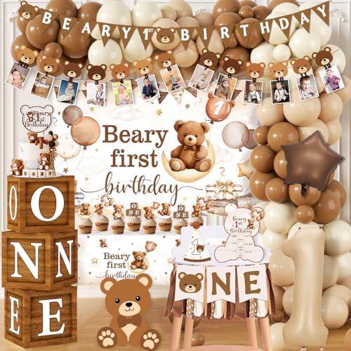 Beary First Birthday Decorations,147pcs Bear Birthday Decorations Brown Bear Birth Day Banner Backdrop High Chair Banner Tablecloth Cake Topper Box Balloon Garland for My 1st birthday Decorations